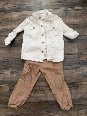 C&C California Kids Two-Piece Set - White Shirt & Tan Pants
